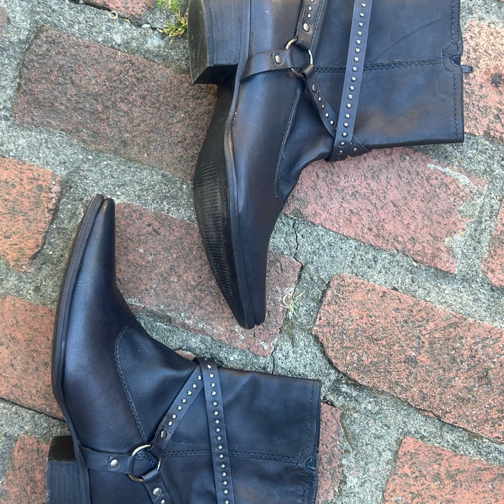 Black Studded Leather Ankle Booties with Harness Detail